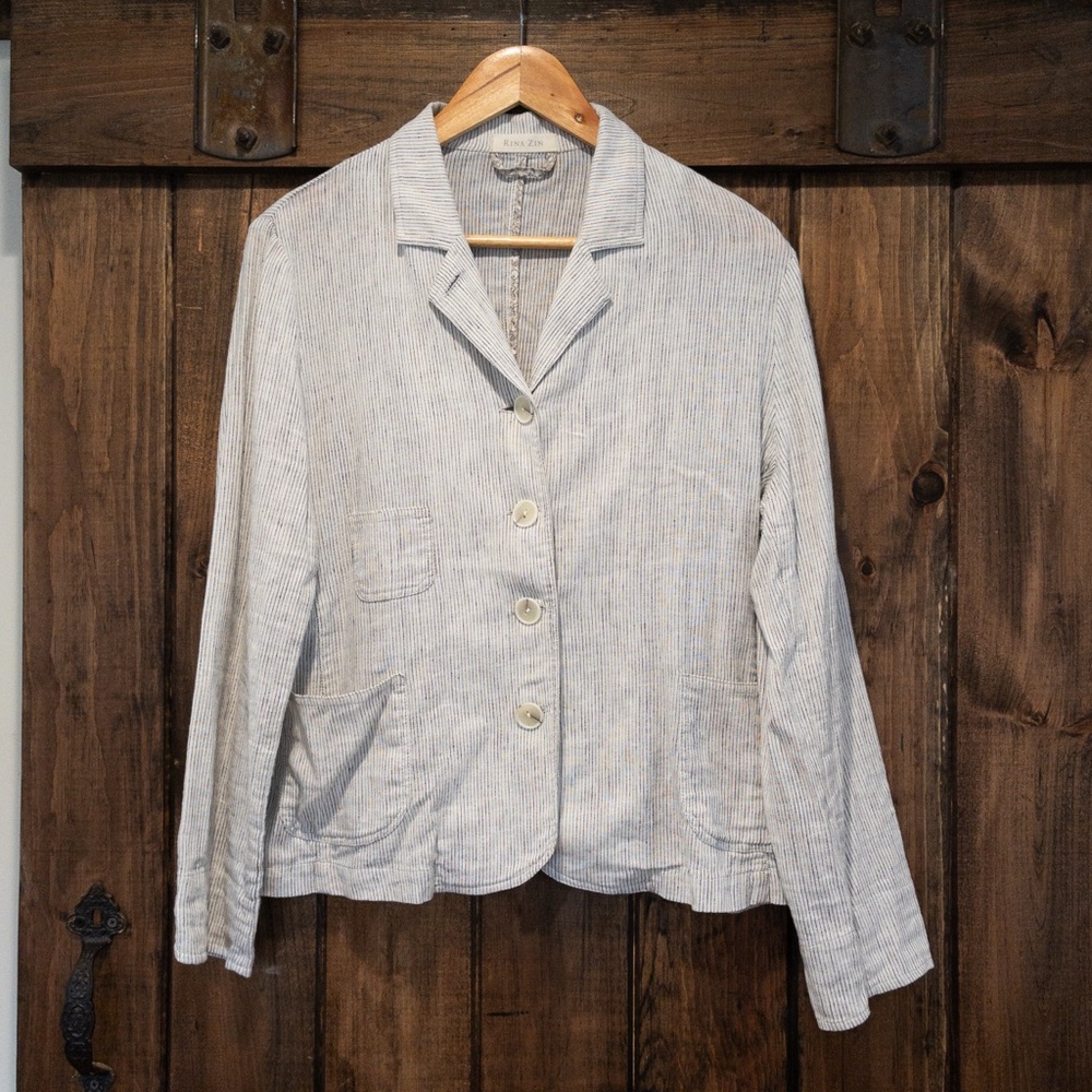 Rina Zin Linen Stripe Lightweight Blazer Shirt Large Lagenlook Scandi Chic